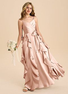 Azazie Peyton Junior Robe Trapèze en Satin extensible Plissée Or Rose image1