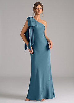 Azazie Capri Probar vestidos en casa Vestido de Salvia Polvorienta de Satén Elástico de Corte Sirena con Hombro unilateral image1