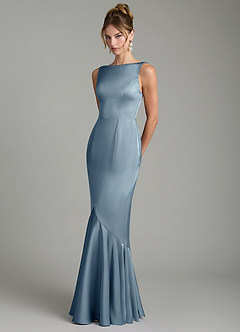 Azazie Tamera Bridesmaid Dresses Dusty Blue Mermaid Pleated Stretch Satin Dress image2