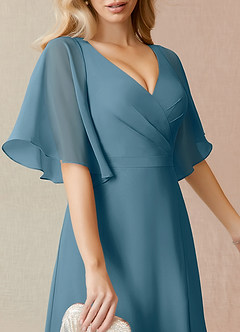 Azazie Cierra Brautjungfernkleider A-Linie V-Hals Chiffon Kleid Bermudablau image7