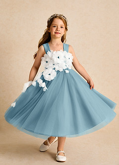 Azazie Dovey Flower Girl Dresses Moody Blue Ball-Gown Bow Tulle Dress image4