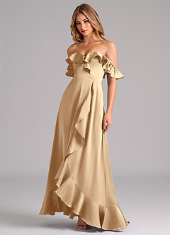 Azazie Lyra Jurken voor bruidsmeisjes Converteerbaar Jurk van Stretch Satijn met A-Lijn Off the Shoulder Champagne image4