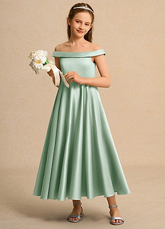 Azazie Teeny Girls Formal Sukienki dla dziewczynek sypiących kwiaty Linia A Pofałdowany Matowy satynowy Długość kostki Sukienka image4