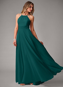 Azazie Amalia Abiti da Damigella Abito A-Line in Chiffon Plissettato Verde Pavone image3