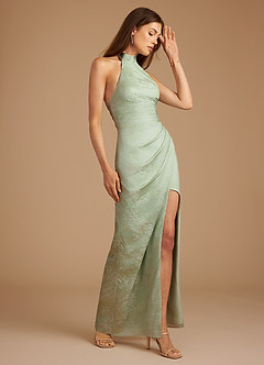 Azazie Jemma Bridesmaid Dresses Sage Blossom Sheath Pleated Blossom Dress image3