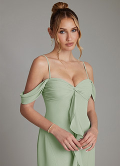 Azazie Karmela Bridesmaid Dresses Dusty Sage A-Line Off the Shoulder Chiffon Dress image3