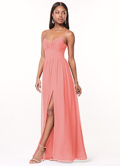 Azazie Zeya Bridesmaid Dresses Coral A-Line V-Neck Pleated Chiffon Dress image4