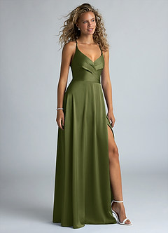 Azazie Davis Robes de demoiselle d'honneur Robe Trapèze en Satin extensible Plissée Olive image5