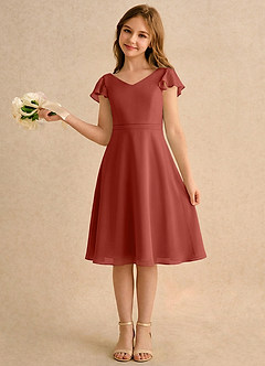 Azazie Narin Girls Formal Robe Demoiselle D'honneur Fillette Robe Trapèze en Mousseline de soie avec manches Terracotta image1