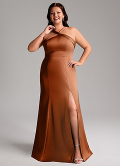 Azazie Rue Bridesmaid Dresses Copper A-Line Pleated Stretch Satin Dress image8