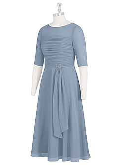 Azazie Naomi Mother of the Bride Dresses Dusty Blue A-Line Boatneck Pleated Chiffon Dress image9