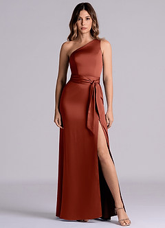 Azazie Philana Bridesmaid Dresses Terracotta A-Line One Shoulder Stretch Satin Dress image2