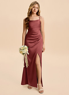 Azazie Minnie Junior Terracotta Sheath Ruched Stretch Satin Dress image1
