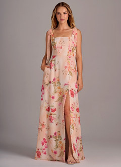 Azazie Debra Jurken voor bruidsmeisjes Converteerbaar Jurk van Chiffon met A-Lijn met Zakken Abstract Boeket Bloemen image1