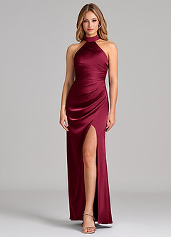 Azazie Karlotta Bridesmaid Dresses Burgundy Sheath Pleated Stretch Satin Dress image1