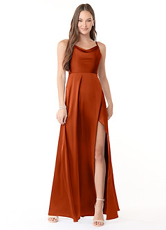 Azazie Naomie Bridesmaid Dresses Paprika A-Line Cowl Neckline Side Slit Stretch Satin Dress image1