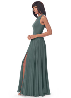 Azazie Lindie Final Sale Pewter A-Line Scoop Pleated Chiffon Dress image14
