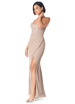 Azazie Ashana Vestidos de damas de honor Vestido de Gris Pardo de Malla de Corte Recto con Corazón de encaje image3