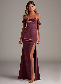 Azazie Saige Bridesmaid Dresses Raspberry Sheath Off the Shoulder Velvet Convertible Dress image4