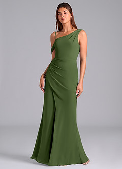 Azazie Madelyn Brautjungfernkleider Wandelbar Meerjungfrau-Linie Schulterfrei Chiffon Kleid Olivgrün image4