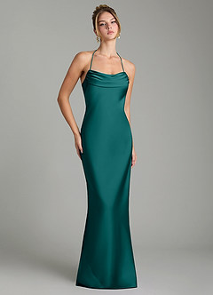 Azazie Mae Vestidos de damas de honor Vestido Pavo Real de Satén Elástico de Corte Sirena con Plisado image1
