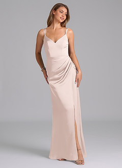 Azazie Leo Final Sale Blushing Pink Sheath Pleated Stretch Satin Dress image4