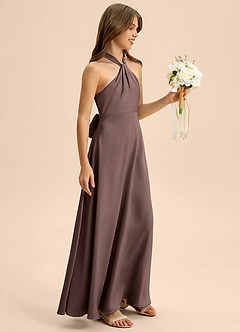 Azazie Beah Junior Ganache A-Line Pleated Stretch Satin Dress image6