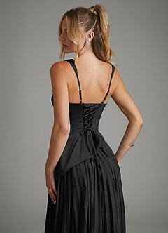 Azazie Stephanie Vestidos de damas de honor Vestido Negro de Satén Elástico de Línea A con Corsé image10