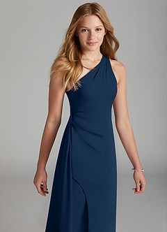 Azazie Maron Junior Dark Navy A-Line Pleated Stretch Satin Dress image3