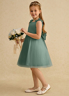 Azazie Lona Abiti da Ragazza di Fiori Abito A-Line in Raso Opaco Fiocco Eucalipto Eucalipto image4