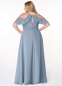Azazie Dakota Vestidos de damas de honor Vestido de Azul Polvoriento de Gasa de Corte en A con Cuello en V plisado image7