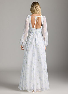 Azazie Norah Robes de demoiselle d'honneur Robe Trapèze en Mousseline de soie Col en V, manches longues Bleu Vintage Florale image2