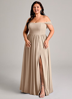 Azazie Calianna Bridesmaid Dresses Taupe A-Line Off the Shoulder Chiffon Convertible Dress image14