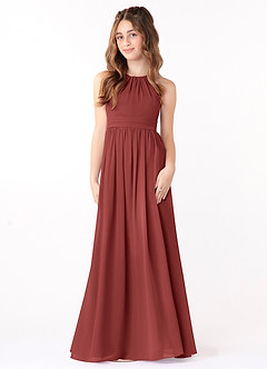 Azazie Jaylah Junior Abito A-Line in Chiffon Drappeggiato Terracotta image2