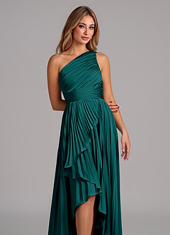 Azazie Lyrica Bridesmaid Dresses Peacock A-Line One Shoulder Stretch Satin Dress image7