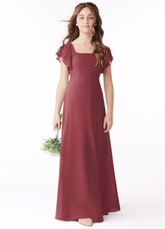 Azazie Bondi Junior Merlot A-Line Bow Chiffon Dress image2