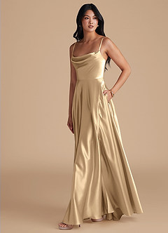 Azazie Elle Bridesmaid Dresses Champagne A-Line with Pockets Metallic Satin Dress image6
