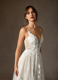 Azazie Monda Abiti da Sposa Abito A-Line in Tulle Pizzo Bianco Diamante Champagne image7