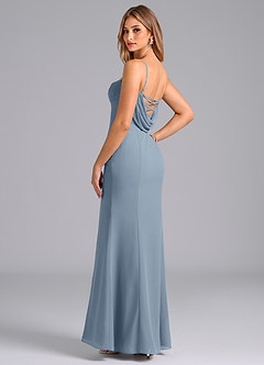 Azazie Wynni Vestidos de damas de honor Vestido de Azul Polvoriento de Gasa de Corte Sirena con Corsé image5