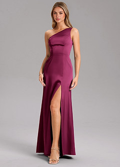 Azazie Phaedra Bridesmaid Dresses Red Plum A-Line One Shoulder Stretch Satin Dress image6