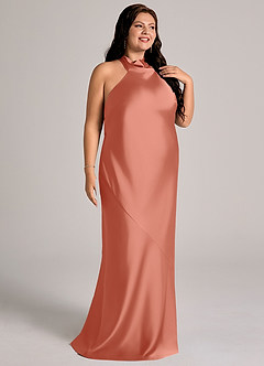 Azazie Velli Brudtärnklänningar Klä av Sjöjungfru i Stretch Satin Hög hals Laxrosa image11