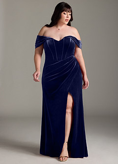 Azazie Jas Robes de demoiselle d'honneur Robe Fourreau Convertible en velours Schulterfreies Korsett Bleu Marine Foncé image11
