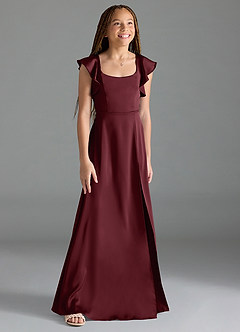 Azazie Bondi Junior Vestido de Cabernet de Satén Elástico de Corte En A con Corte Lateral image3