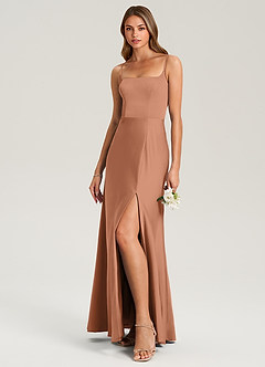 Azazie Lidia Robes de demoiselle d'honneur Robe Sirène en Satin extensible Fente Latérale Bronze image3