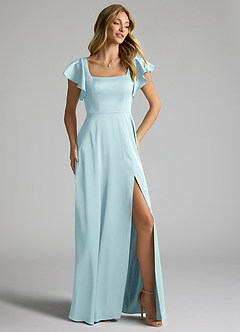 Azazie Bondi Bridesmaid Dresses Cloud Blue A-Line Bow Stretch Satin Dress image2