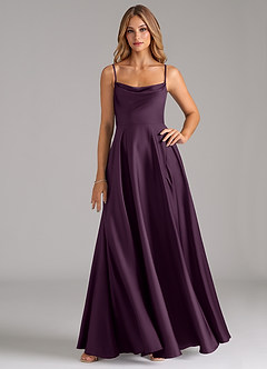 Azazie Elle Bridesmaid Dresses Plum A-Line Pleated Stretch Satin Dress image1