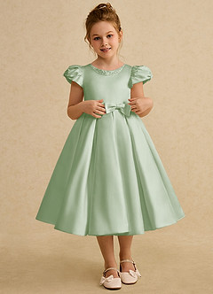 Azazie Pearl Flower Girl Dresses Dusty Sage Ball-Gown Pleated Matte Satin Dress image1