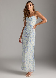 Azazie Mai Bridesmaid Dresses Blue And White Ditsy Floral Sheath Pleated Chiffon Dress image3