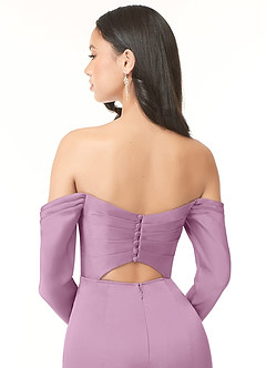 Azazie Hallie Bridesmaid Dresses Wisteria Sheath Off-The-Shoulder Long Sleeve Stretch Satin Convertible Dress image7