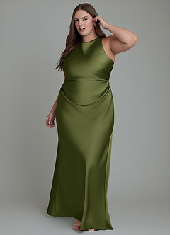 Azazie Evadne Bridesmaid Dresses Olive Sheath Pleated Stretch Satin Dress image11